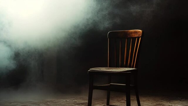 Vintage wooden chair alone in abandoned moody interior with dramatic lighting and swirling smoke, evoking mystery and supernatural atmosphere