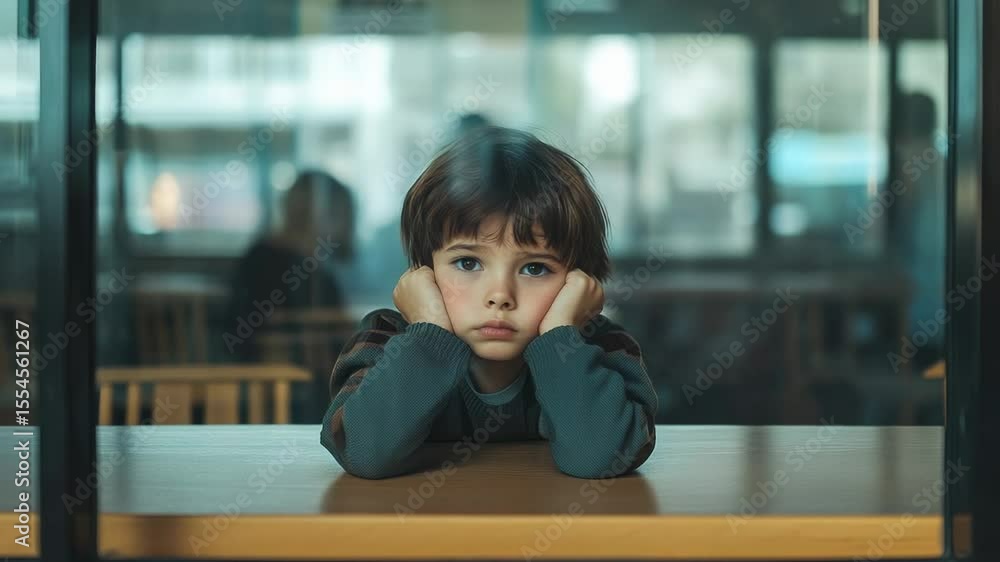 Poster bored elementary school pupil resting head on hands at school desk, looking sad and thoughtful durin