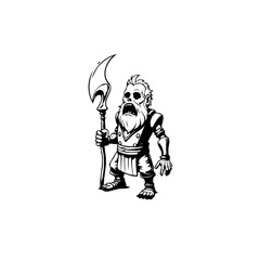Fearsome dwarf warrior armed with a halberd in black and white illustration stands guard ready for combat