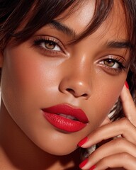 Radiant complexion and vibrant red lips adorn a beautiful woman in a close-up beauty portrait highlighting makeup and skin.