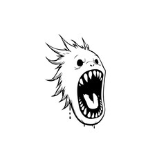 Abstract horror creature illustration screaming loudly with sharp teeth and spiky hair, with black and white elements