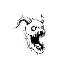Creepy horned monster illustration featuring sharp teeth open mouth ready for a dark halloween night scary drawing