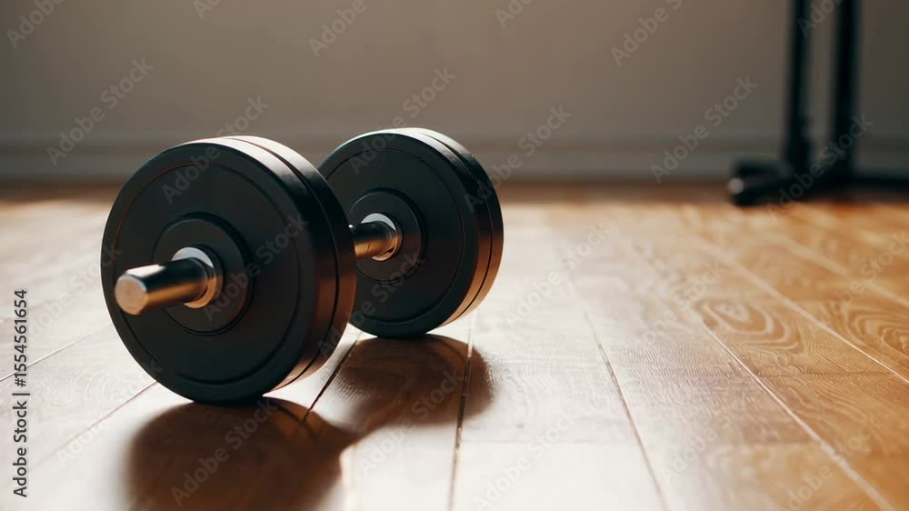 Poster black dumbbells lie on a light wooden gym floor, casting subtle shadows in soft, diffused lighting, 