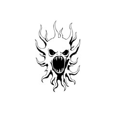 Sinister sun graphic featuring a menacing face with flames radiating outward in black and white