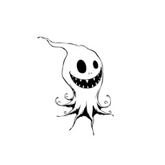 Whimsical halloween ghost illustration with a creepy smile isolated on a white background for design