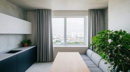 Obraz premium Modern kitchen with city view and comfortable seating area.