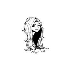 Charming girl with flowing hair in black and white portrait illustration for print or design, vector graphic
