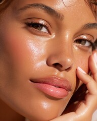 Naklejka premium Close-up portrait highlights a beautiful woman's luminous skin, featuring a radiant complexion and healthy makeup look.