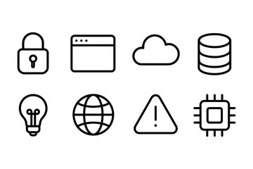 Technology and security icon set featuring cloud, lock, and alert symbols, vector illustration