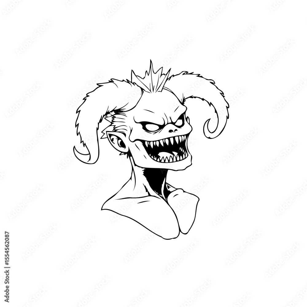 Poster intricate black and white illustration showcasing a menacing demon head with sharp features and twis