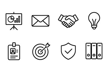 Business and office icons including presentation, email, handshake, lightbulb and more, vector illustration