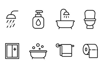 Minimalist bathroom icons featuring shower, soap dispenser, bathtub, and toilet, vector illustration