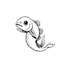 Simple black and white drawing of a cute cartoon fish for children's illustration showcasing aquatic life