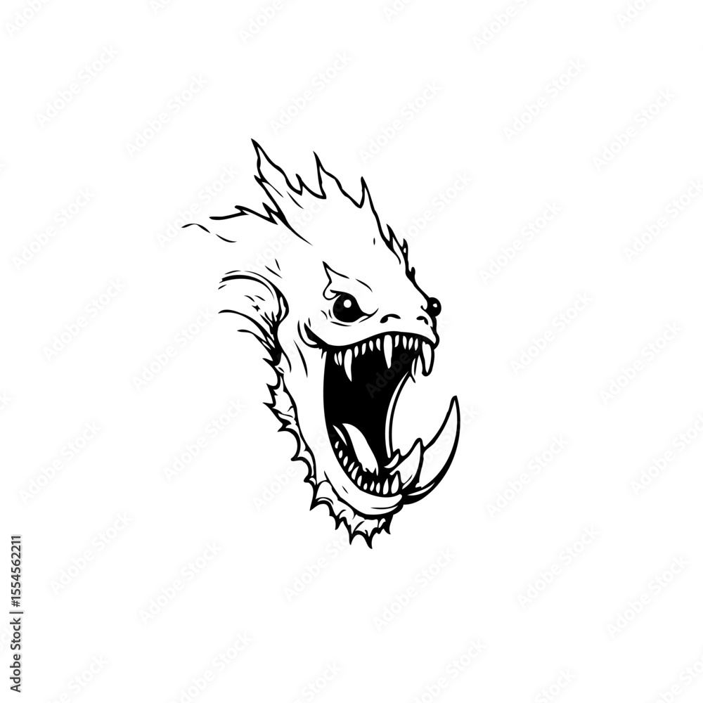 Poster intricate line art depicting fierce mythical dragon head showcasing sharp teeth menacing expression 