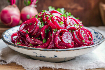 Beetroots and grated red beetroot in bowl on dark background. Flat lay, copy space
