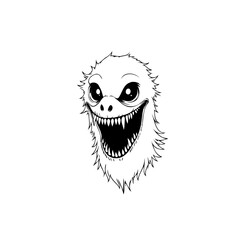 Drawing of a creepy cartoon monster head with sharp teeth and a sinister smile on white background