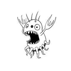 Cartoonish bacteria with sharp teeth and tentacles an illustration created in black and white concept vector