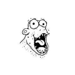 Captivating cartoon monster head with exaggerated features screaming loudly in black and white illustration design