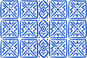Italian blue ceramic tile pattern. Doodle sketch ink. Mediterranean porcelain pottery. Minimalist vector line art. Mexican talavera, portuguese azulejo, spanish majolica, arabesque motif
