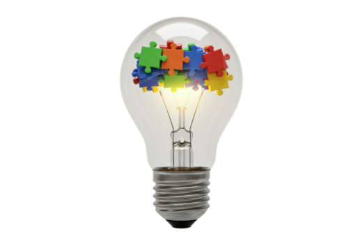 Isolated Lightbulb Filled with Colorful Puzzle Pieces