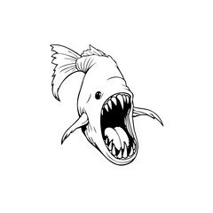 Intense ferocious fish predator with sharp teeth in black and white illustration artwork style image