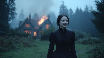 mysterious woman in vintage black dress standing in front of a burning gothic house – conceptual illustration for dark fantasy stories, gothic literature, or mystery-themed projects