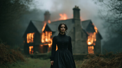 mysterious woman in vintage black dress standing in front of a burning gothic house – conceptual illustration for dark fantasy stories, gothic literature, or mystery-themed projects