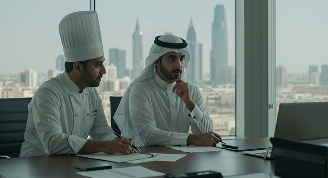 Chef and Emirati businessman review plans overlooking a stunning cityscape.