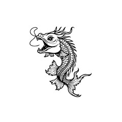 Mythical creature artwork: Ornate fish dragon creature with elaborate scales swimming illustration on a plain canvas