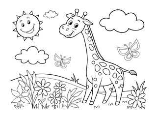 Cute giraffe and flowers easy coloring page for kids. A cute giraffe coloring page