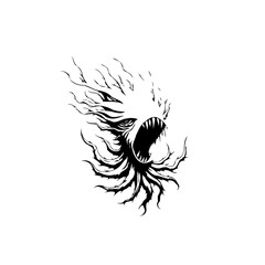 Monochromatic spectral horror with open mouth and sharp teeth, vector graphic scary monster illustration spooky creature dark background evil