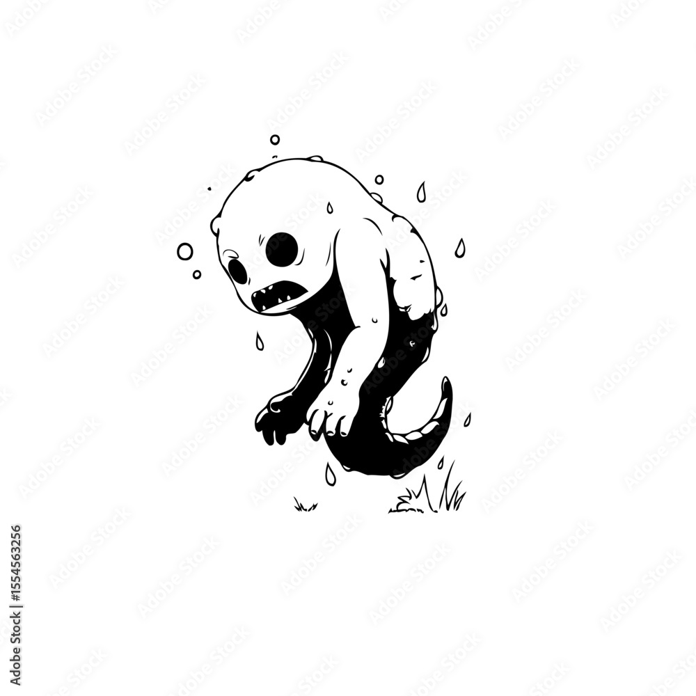 Aufkleber stylized illustration of a sad monster character with dripping elements and simple background design
