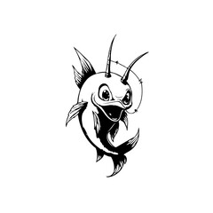 Cartoon fish illustration with large eyes and playful expression in black and white
