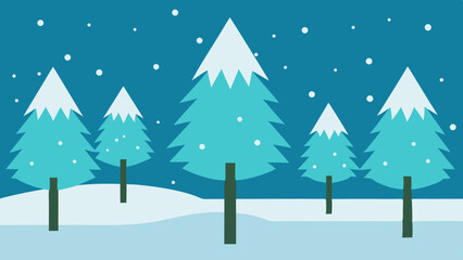 Stylized flat illustration of snow covered pine trees in a winter landscape