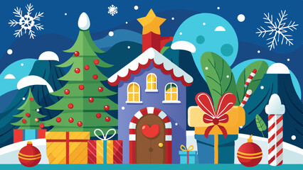 Obraz premium Charming christmas village scene with decorated trees presents and festive house