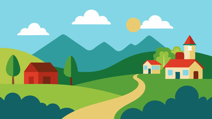 Obraz premium Flat design cityscape with park bench trees and buildings under a blue sky