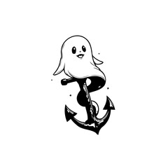Whimsical ghost character perched upon a vintage anchor illustration with a charming marine fusion design