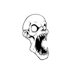 Creepy screaming skull illustration with sharp teeth for halloween scary and gothic designs with sinister theme