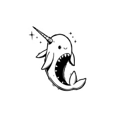 Whimsical narwhal illustration with cute design and sharp horn, black and white style for children's book © Arum