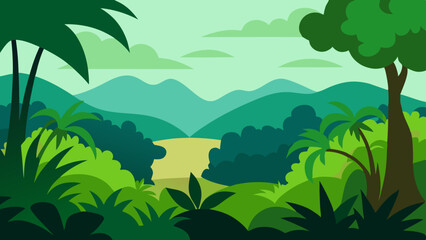 Vibrant flat design jungle landscape with lush green foliage and distant mountains