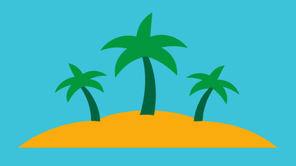 Three green palm trees on a sandy island in a bright blue ocean