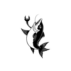 Monochrome illustration showcasing a caught fish impaled by a crab, featuring artistic black, and white design, isolated style