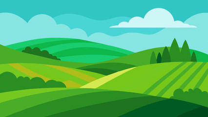 Stylized rolling green hills and fields under a blue sky with clouds