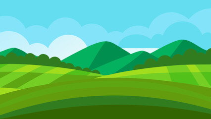 Fototapeta premium Vibrant green rolling hills and mountains under a bright blue sky with clouds