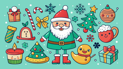 Cute christmas characters and symbols in a festive doodle style
