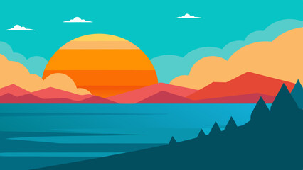 Vibrant sunset over calm water with mountain landscape and clouds