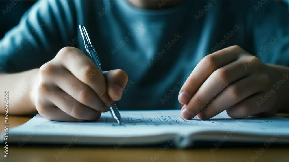 Poster Close up of elementary school student diligently writing in a notebook with a pen, focusing intently on homework assignments and developing essential literacy skills in a classroom setting