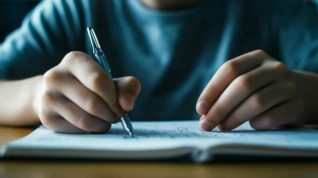 Close up of elementary school student diligently writing in a notebook with a pen, focusing intently on homework assignments and developing essential literacy skills in a classroom setting