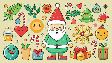 Cute christmas elements including santa claus christmas tree gifts candy canes and ornaments