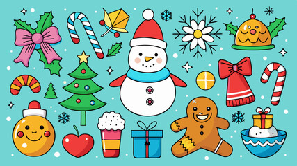 Cute christmas icons collection with snowman gingerbread man and tree